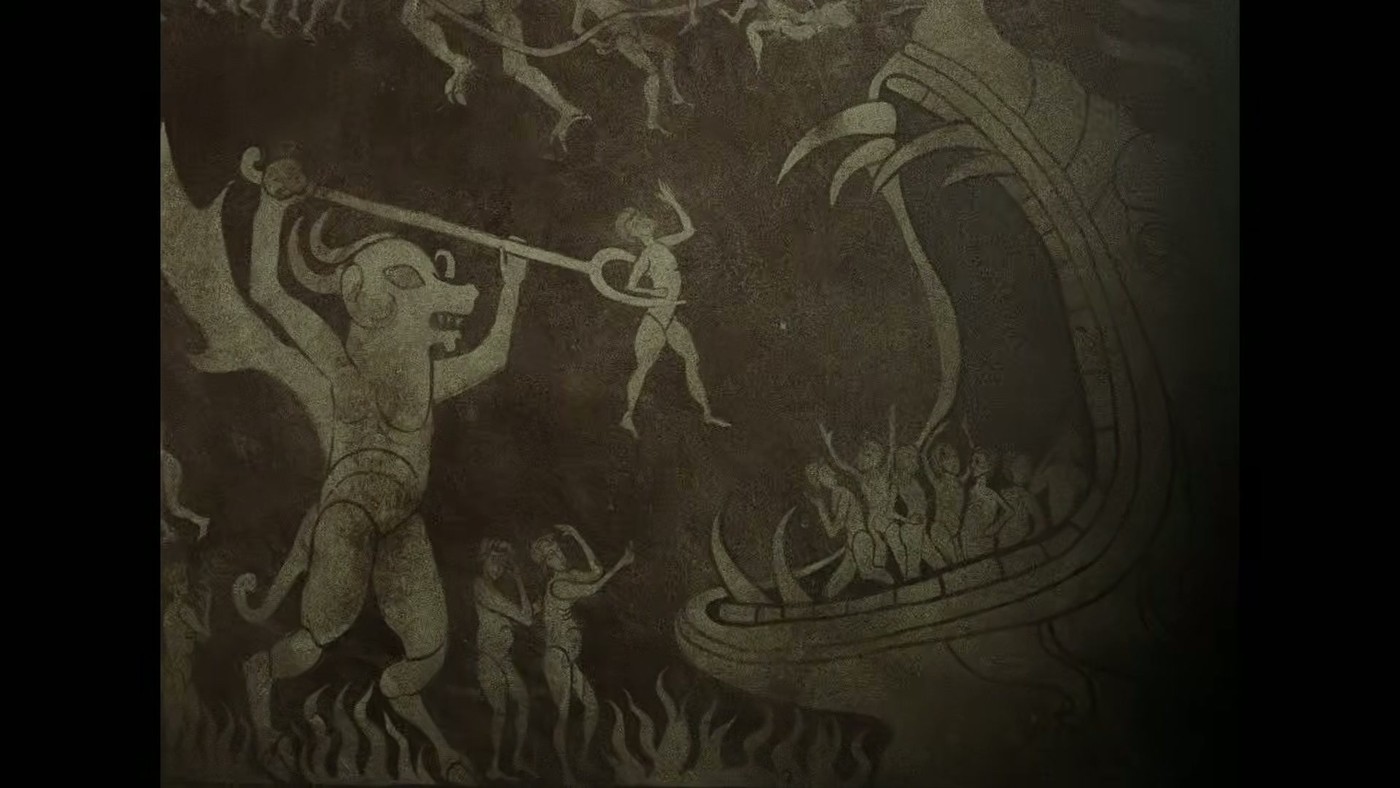 A carved village relief showing a wolf attack, glimpsed in the Werwulf trailer