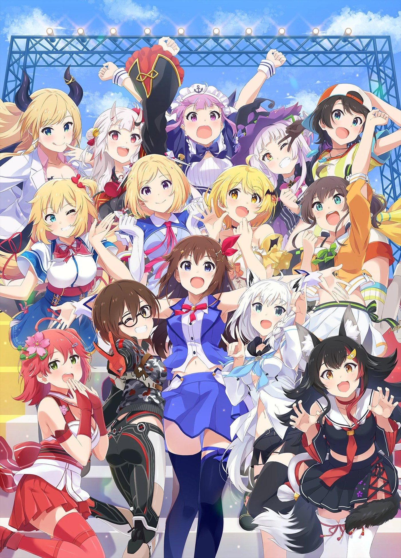 Illustration of hololive production VTuber talents posed together in idol outfits