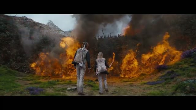 Peacekeepers walking through a burning field at night