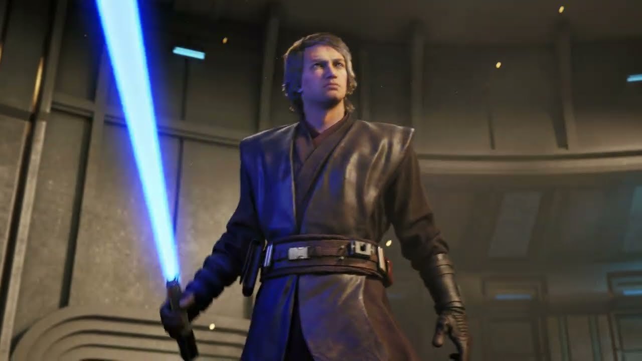 Anakin Skywalker holding a blue lightsaber in the Star Wars Zero Company gameplay trailer