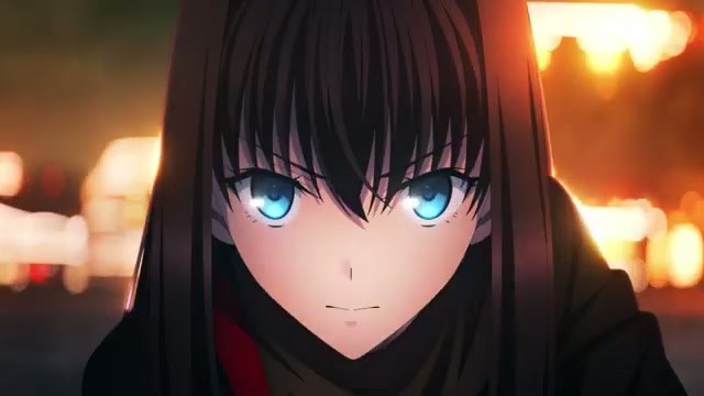 Close-up of Aoko Aozaki with a burning city behind her