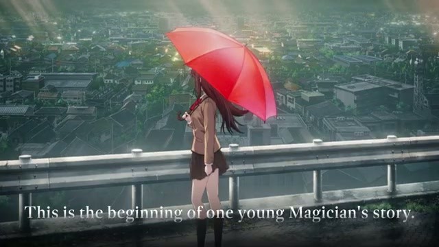 Aoko Aozaki walking under a red umbrella in the rain in Witch on the Holy Night