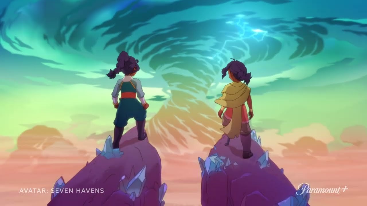 Two figures overlook a shattered, colorful sky in Seven Havens key art