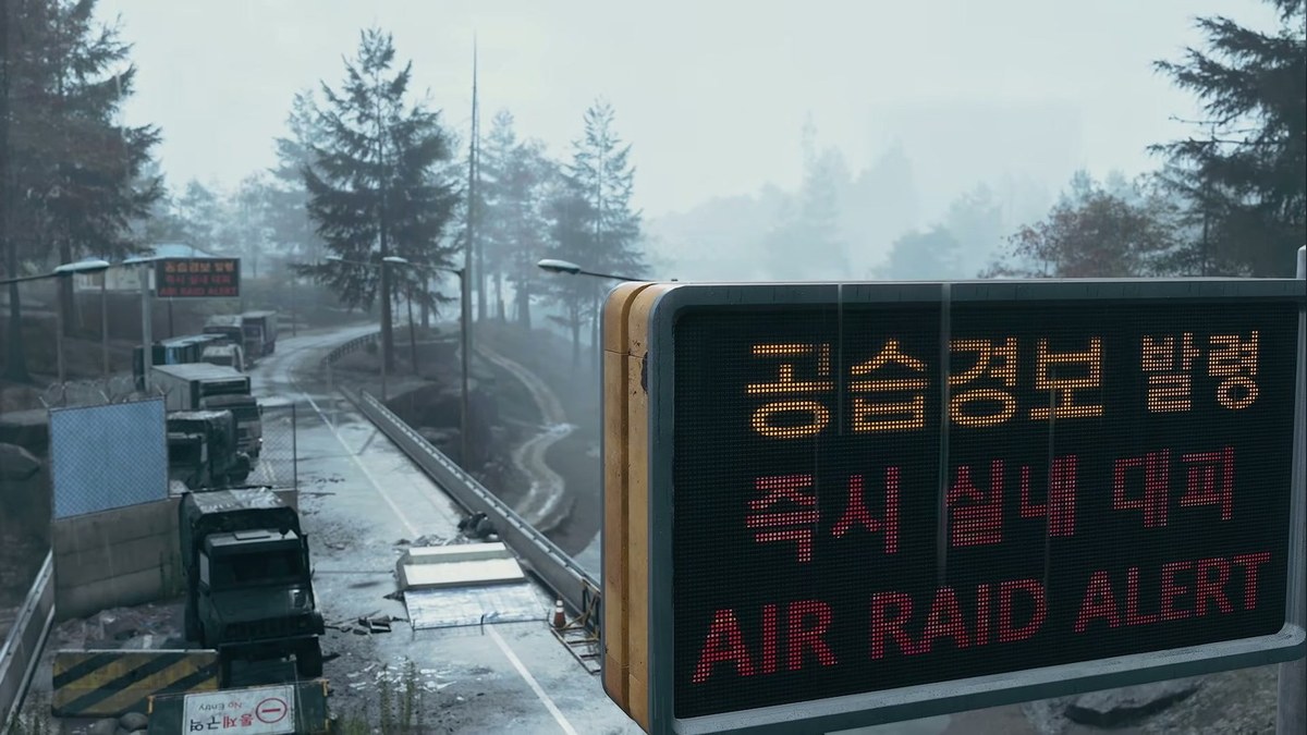 Air raid alert sign over a stalled highway in the Modern Warfare 4 DMZ Worldbuilder trailer