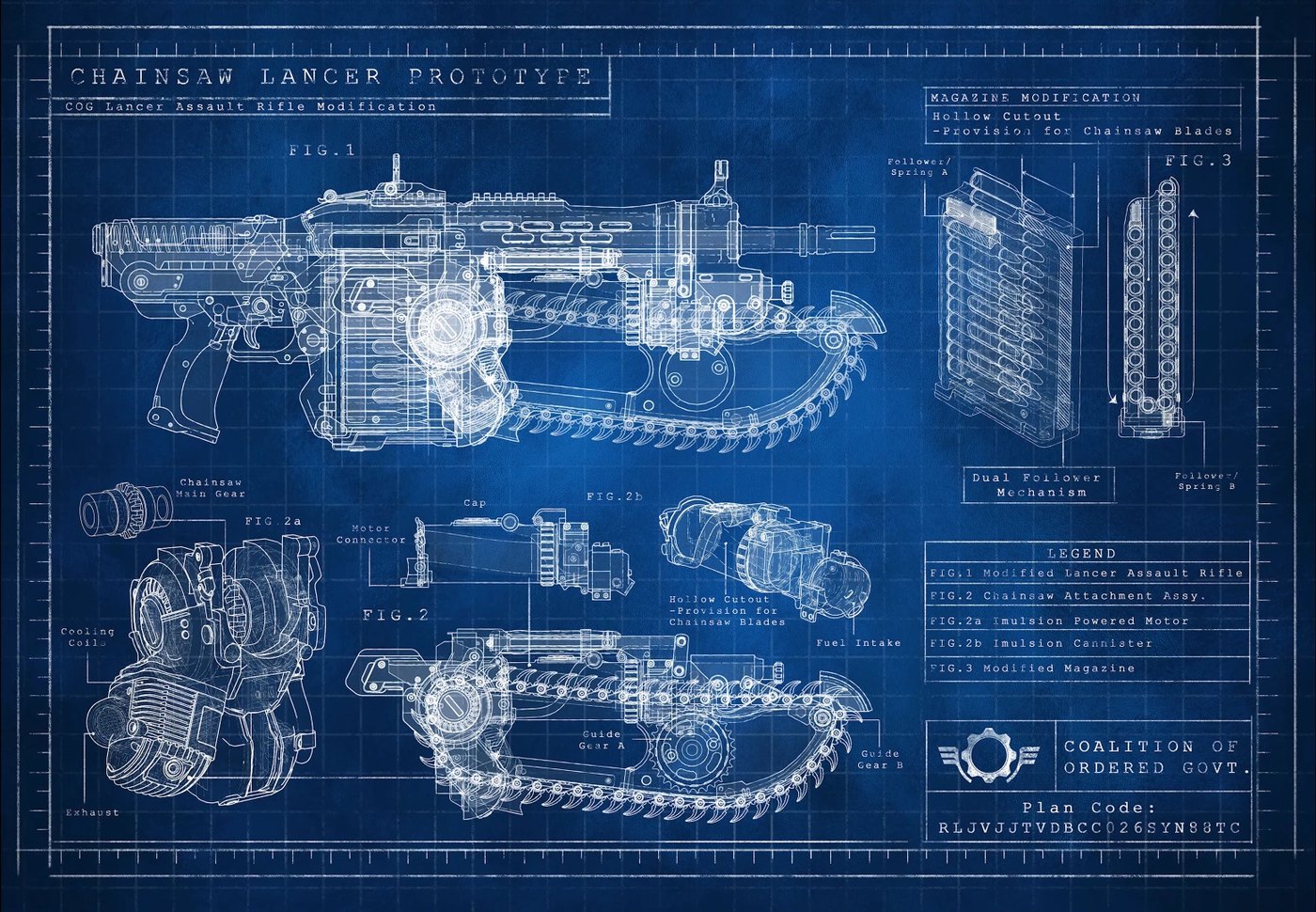 Blueprint schematic of the Chainsaw Lancer Prototype from Gears of War: E-Day