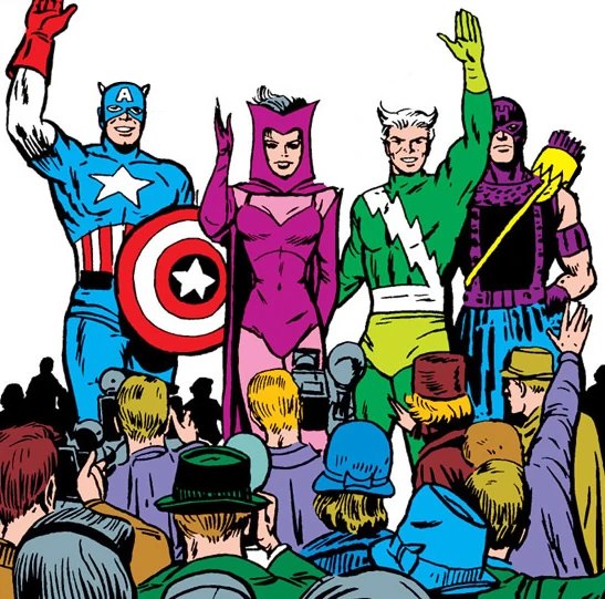 Captain America, Scarlet Witch, Quicksilver and Vision as classic Avengers