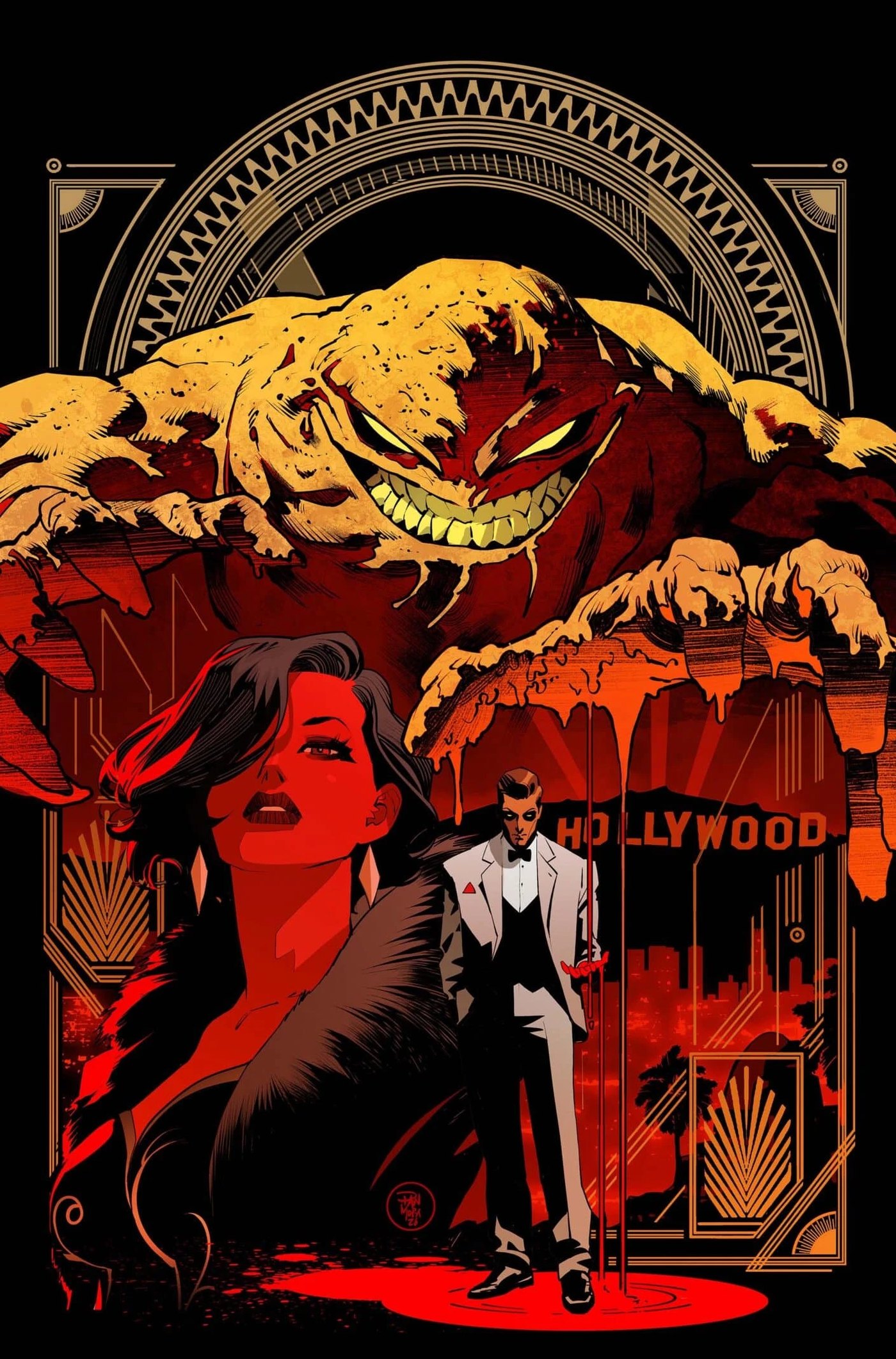 A modern DC comics cover featuring Clayface towering over a Hollywood setting