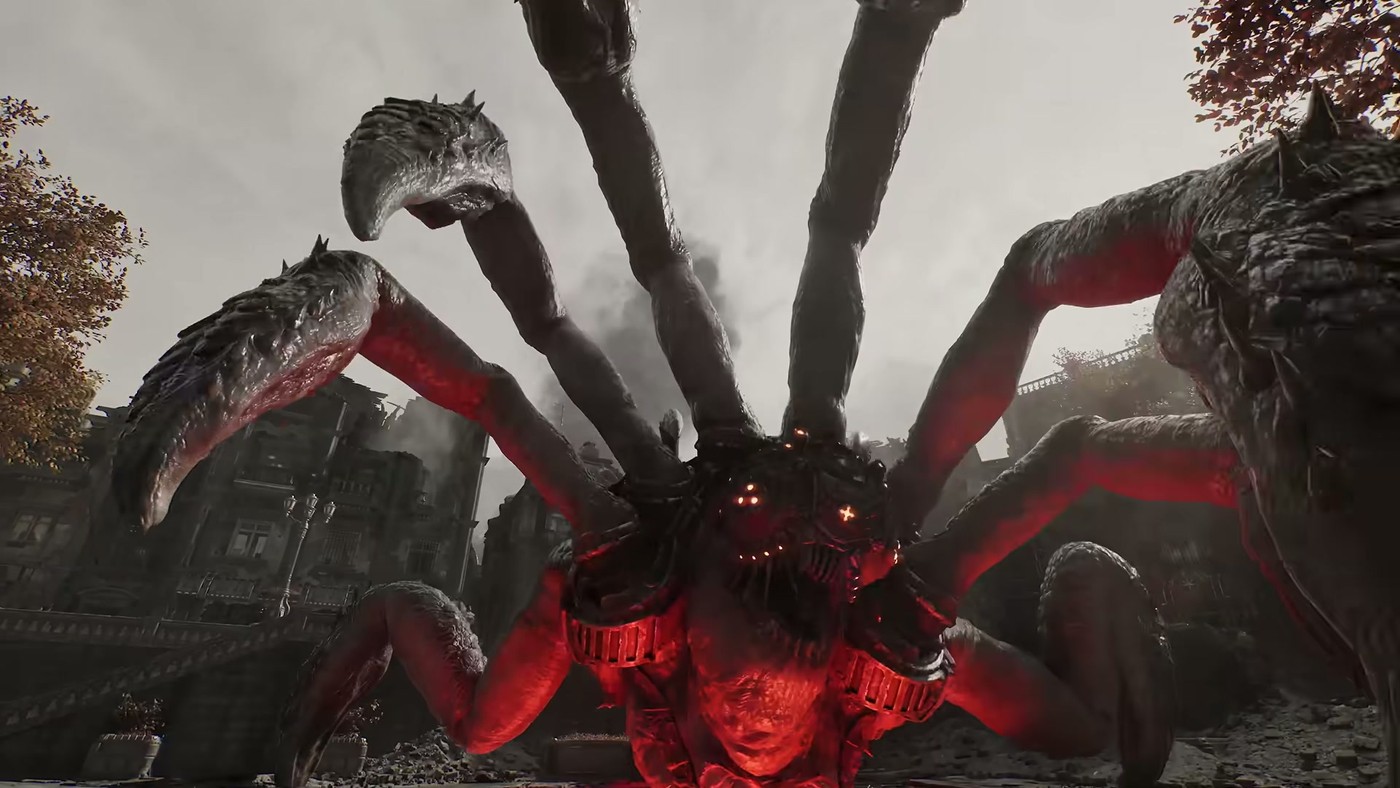 Close-up of a new red and black Locust creature design in the Gears of War: E-Day launch trailer.