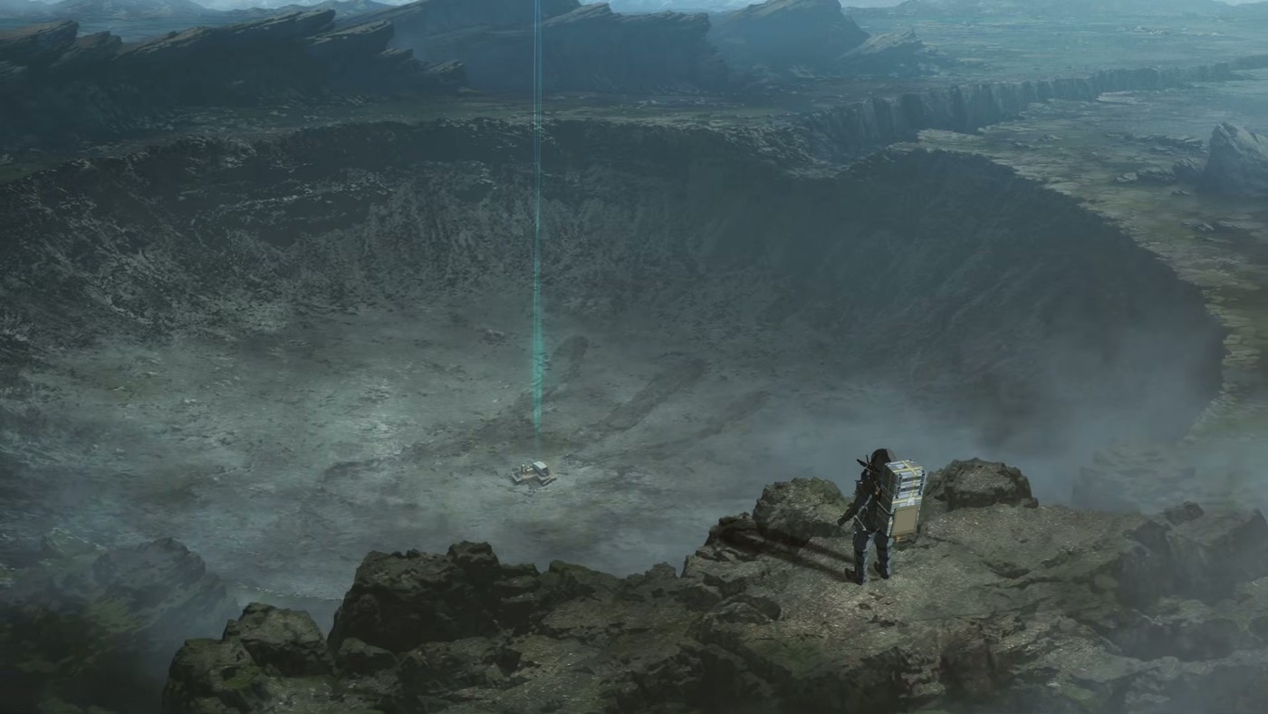 A porter stands at the edge of a massive crater in the Death Stranding Isolations anime teaser