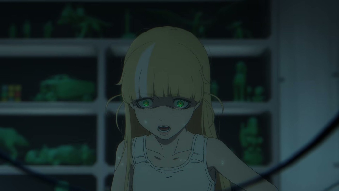 The anime's blonde protagonist looks shaken in a close-up from the Death Stranding Isolations trailer