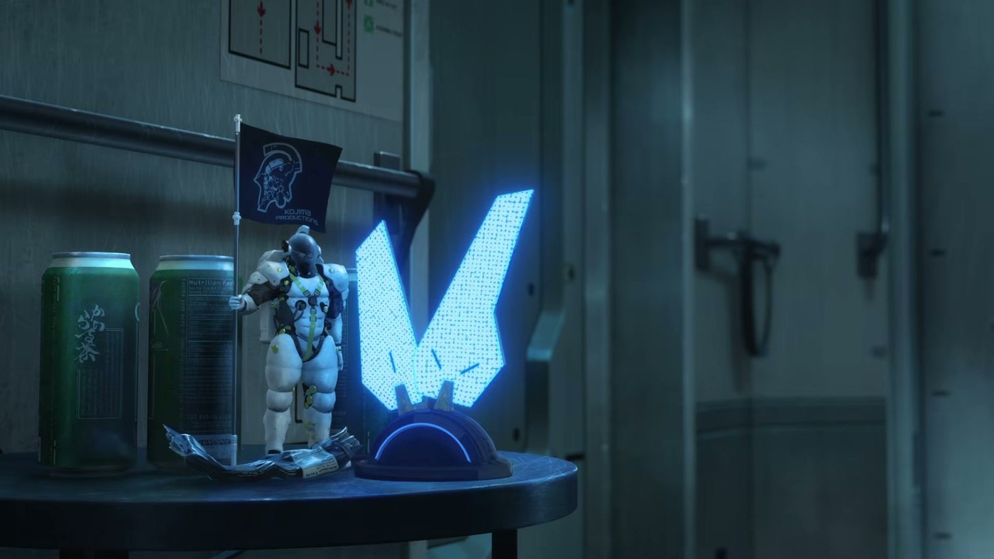 A glowing blue object sits on a shelf in an interior room in the Death Stranding Isolations trailer