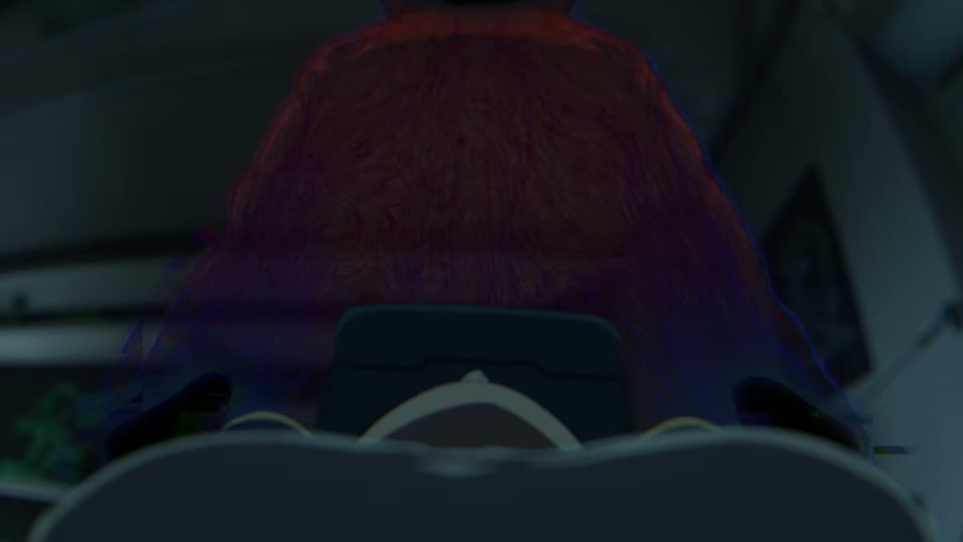 Two empty seats glow red inside a vehicle in the Death Stranding Isolations trailer