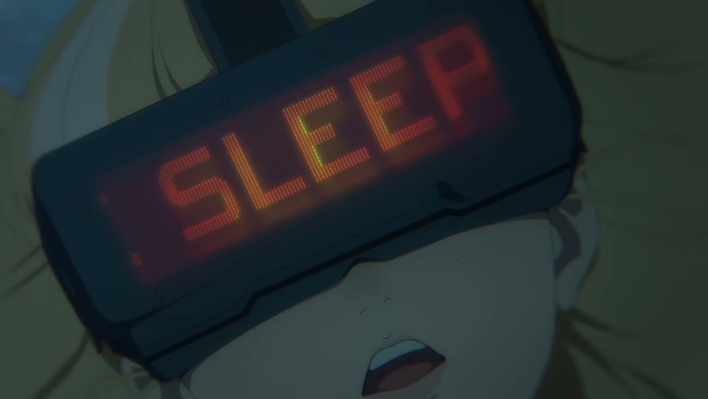 A device reading SLEEP glows red over a girl's forehead in the Death Stranding Isolations trailer