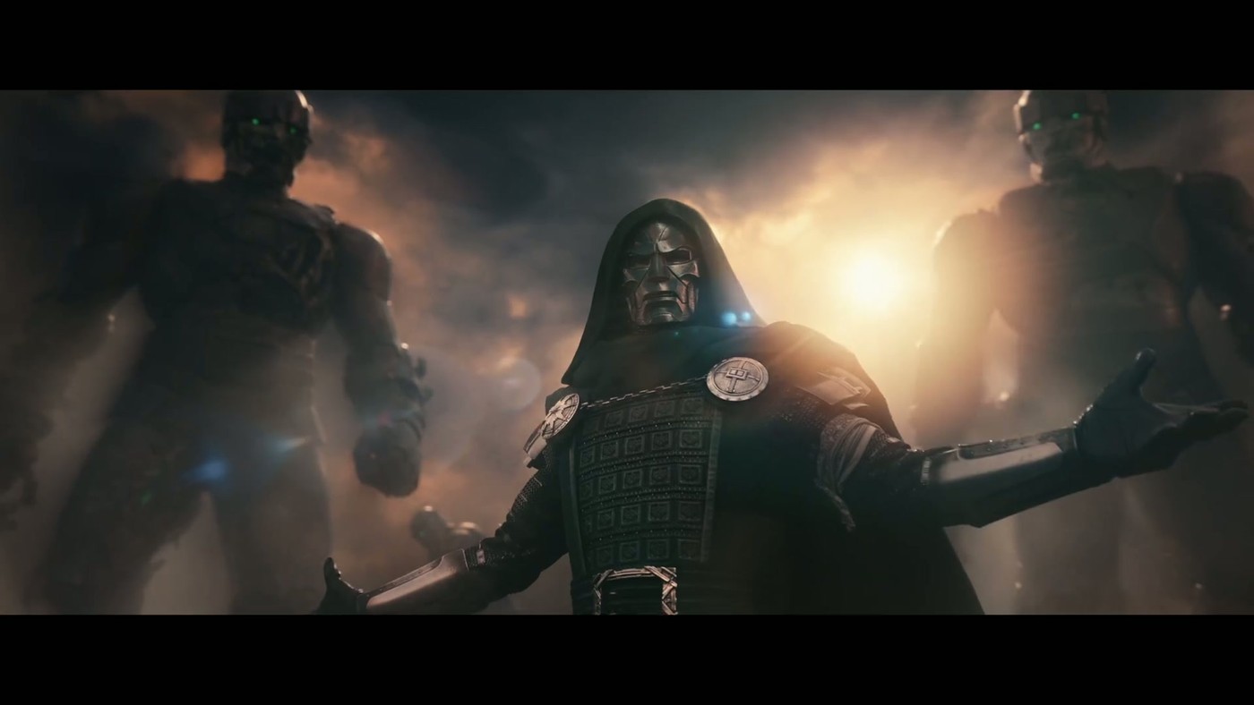 Doctor Doom, arms spread, flanked by a pair of armored guards in the Avengers: Doomsday trailer