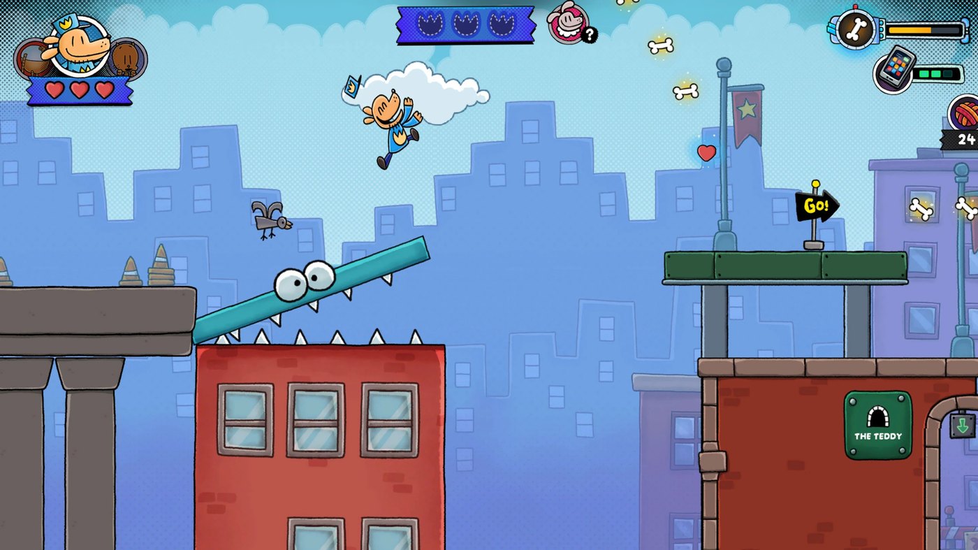 Gameplay screenshot from Dog Man: Bark in Action showing split-screen co-op