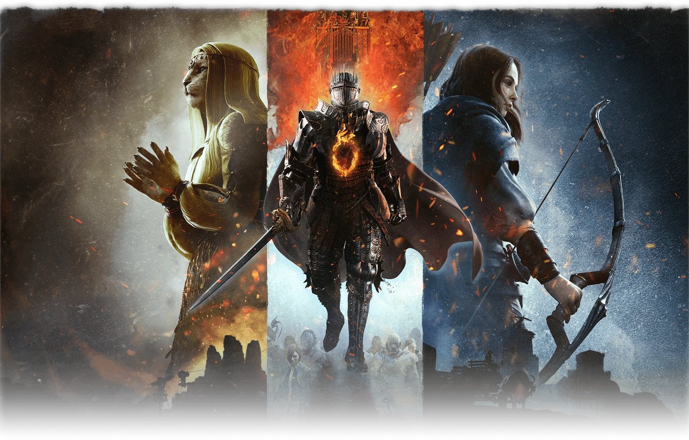 Key art for Dragon's Dogma 2 showing the Arisen and two pawns