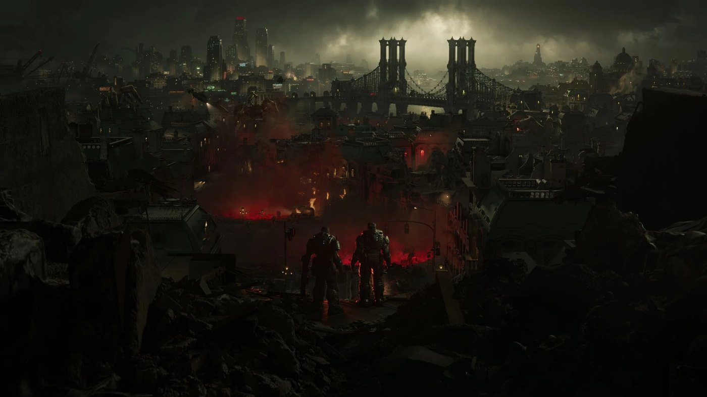 A besieged city during Emergence Day in Gears of War E-Day