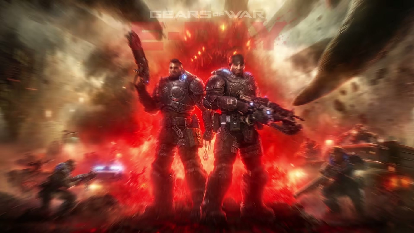 Two Bravo Squad soldiers stand back to back against a red lightning sky in the Gears of War: E-Day key art.