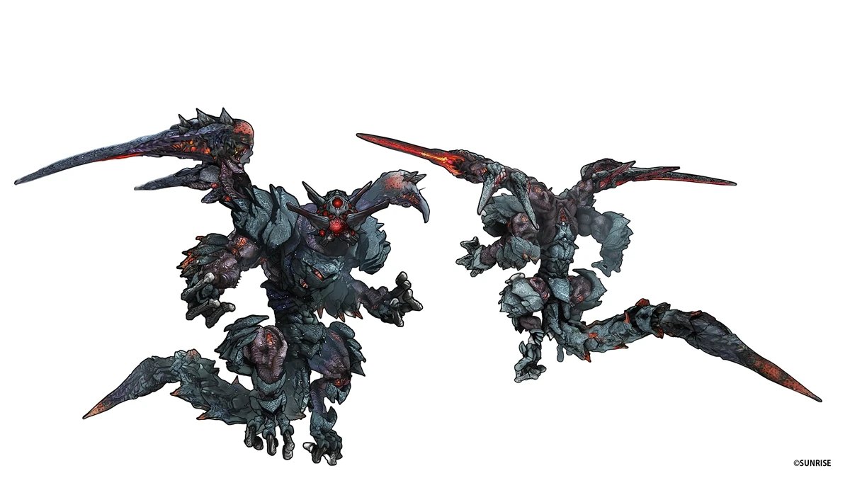Two Apocalypse creatures, including a Chimera boss, from the Gundam Rogue Orbit gameplay trailer