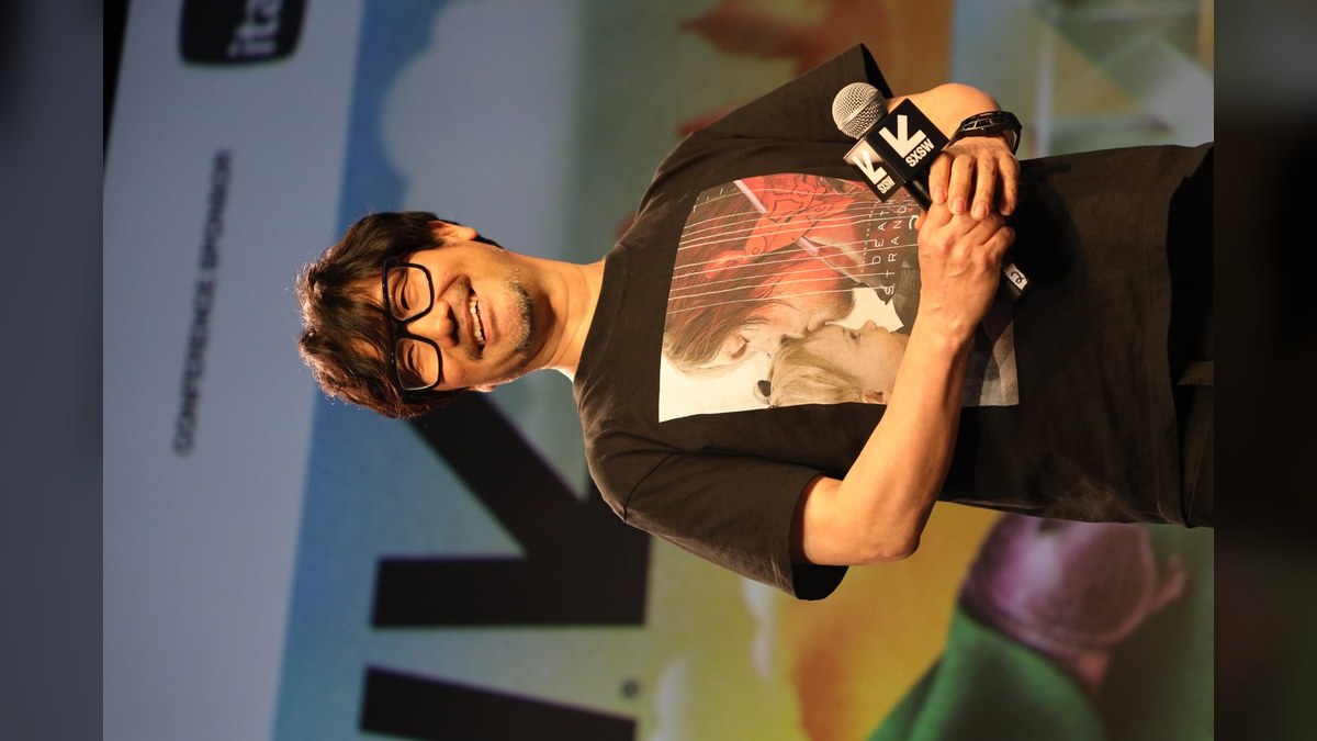 Hideo Kojima, founder of Kojima Productions, speaking on stage
