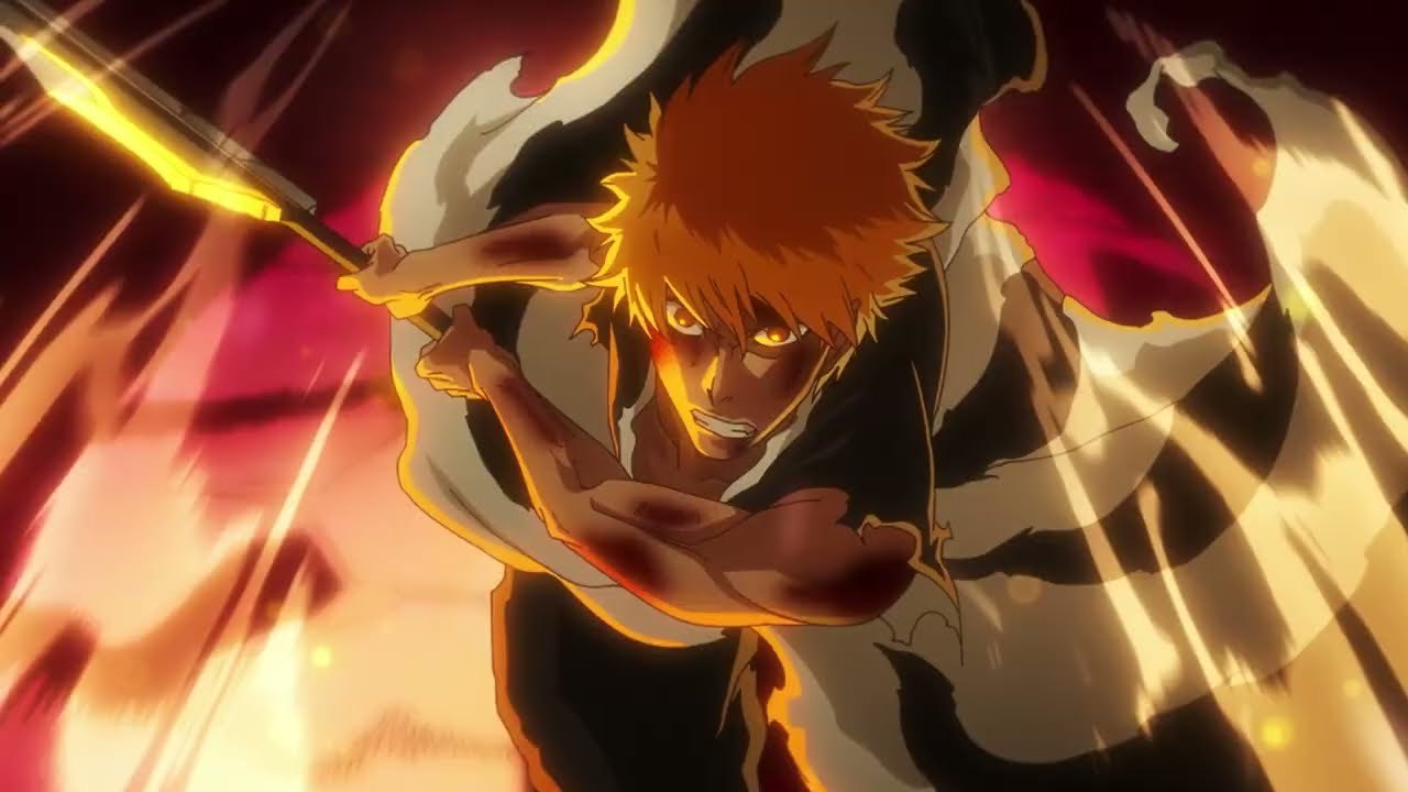 Ichigo Kurosaki swinging his sword in gold light