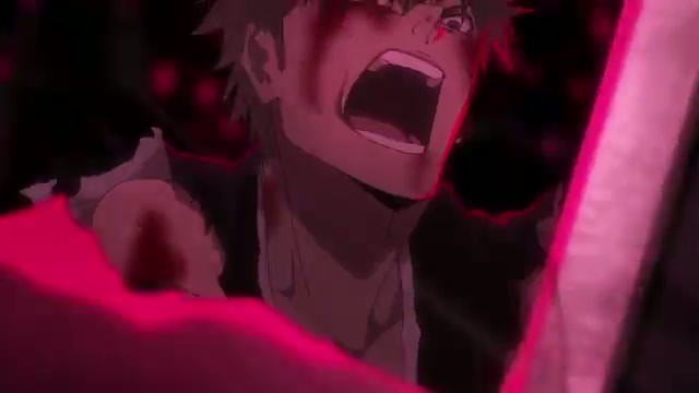 A close-up of Ichigo shouting, lit in red