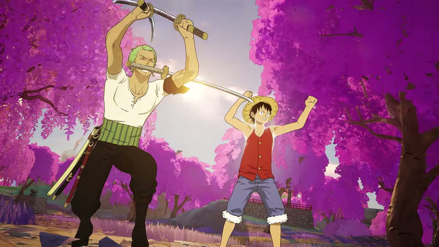 A Luffy-inspired straw hat character jumping on a beach in the Fortnite Treasure Hunters trailer