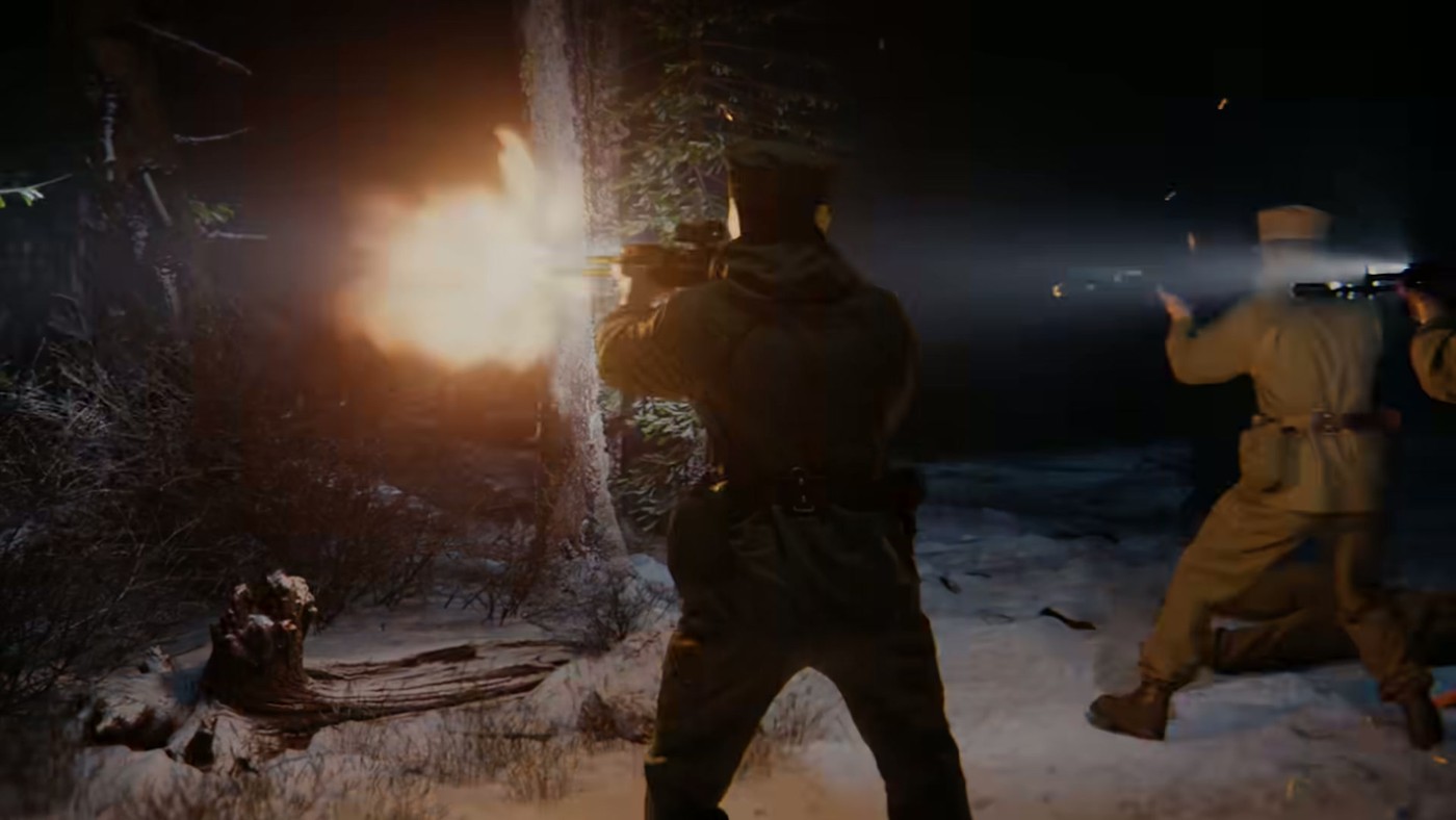 Soldiers trade gunfire in the snow at the end of the Modern Warfare 4 DMZ Worldbuilder trailer