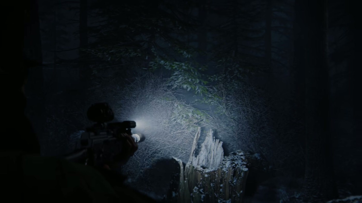 Operator with a weapon light pushes through dark snowy woods in the Modern Warfare 4 DMZ Worldbuilder trailer