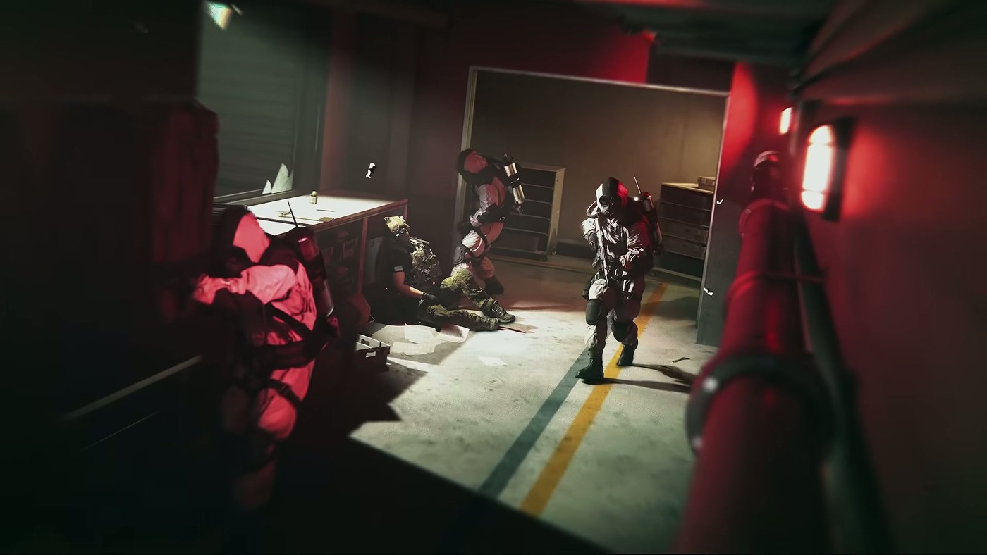 Armored figures guard a red-lit corridor in the Modern Warfare 4 DMZ Worldbuilder trailer
