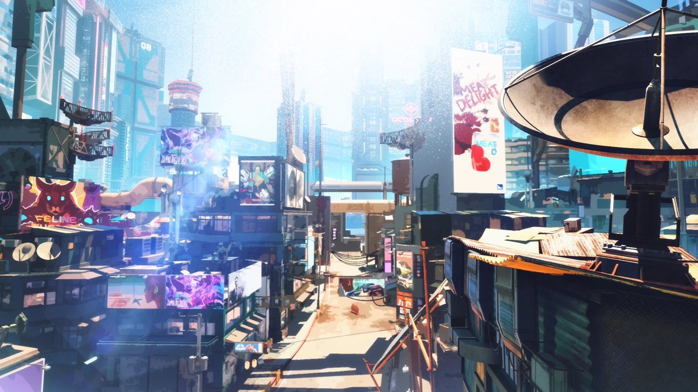 A daytime street scene in Night City from Cyberpunk: Edgerunners 2