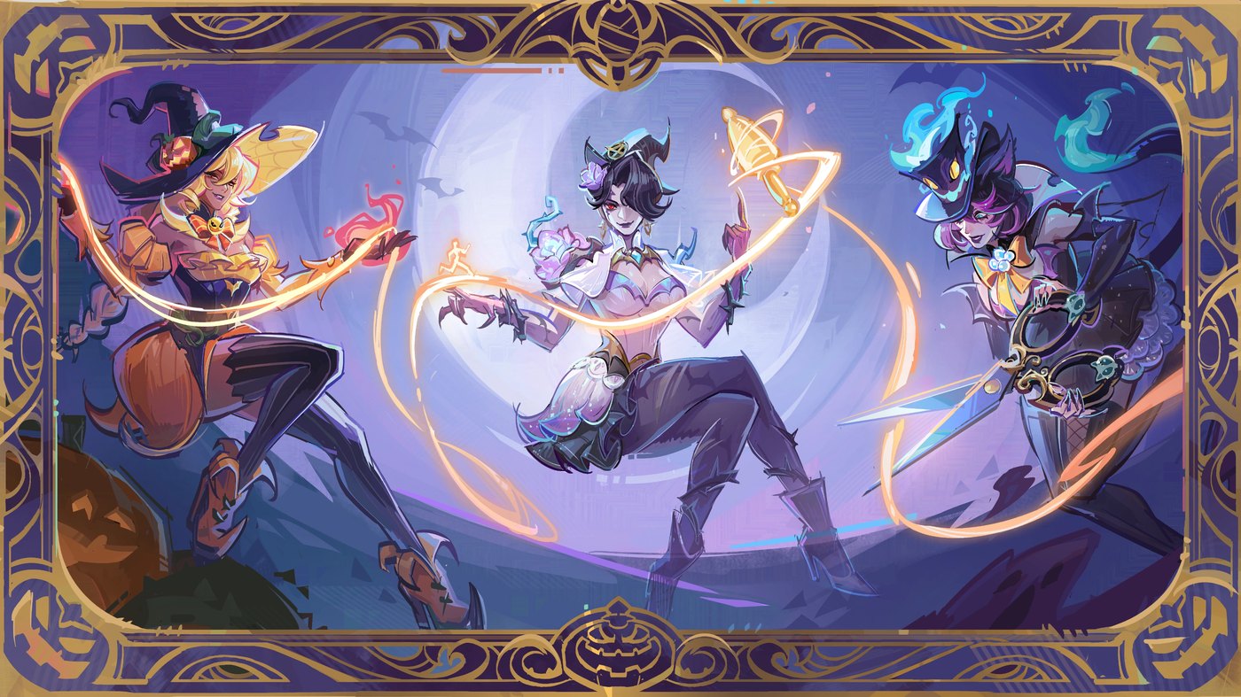 Night of Illusions Gallery Card art featuring three Marvel Rivals heroes in witch costumes