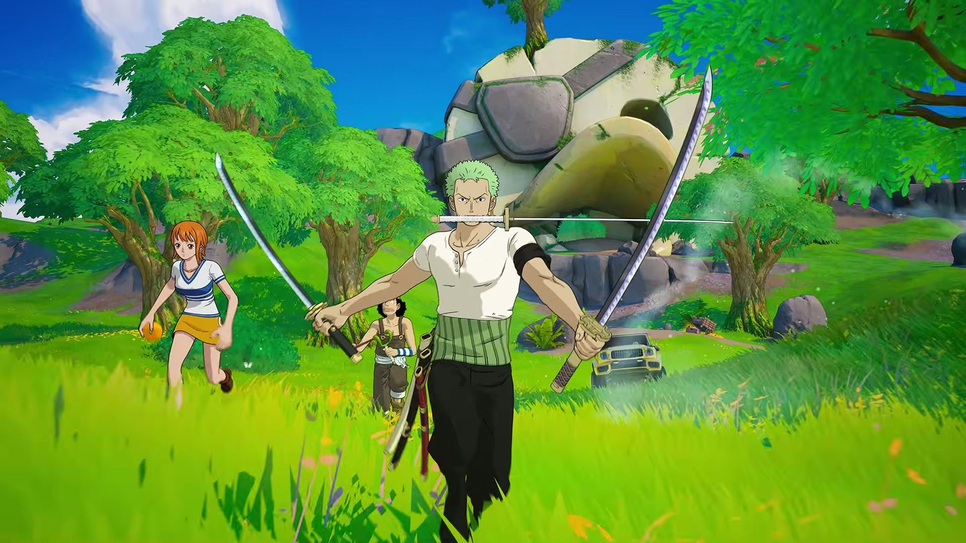 Three characters running across a beach toward a glowing treasure chest in the Fortnite Treasure Hunters trailer