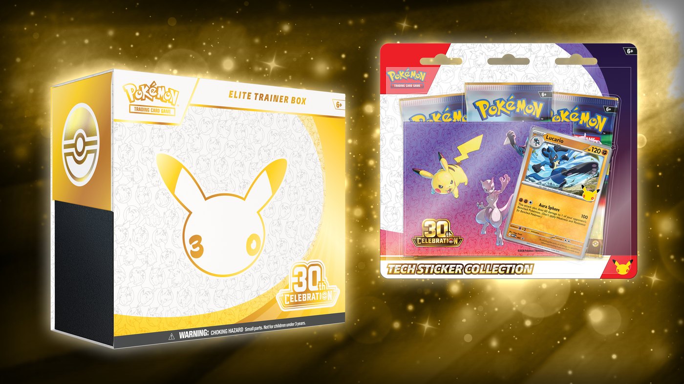 Pokemon TCG 30th Celebration Elite Trainer Box and Tech Sticker Collection packaging