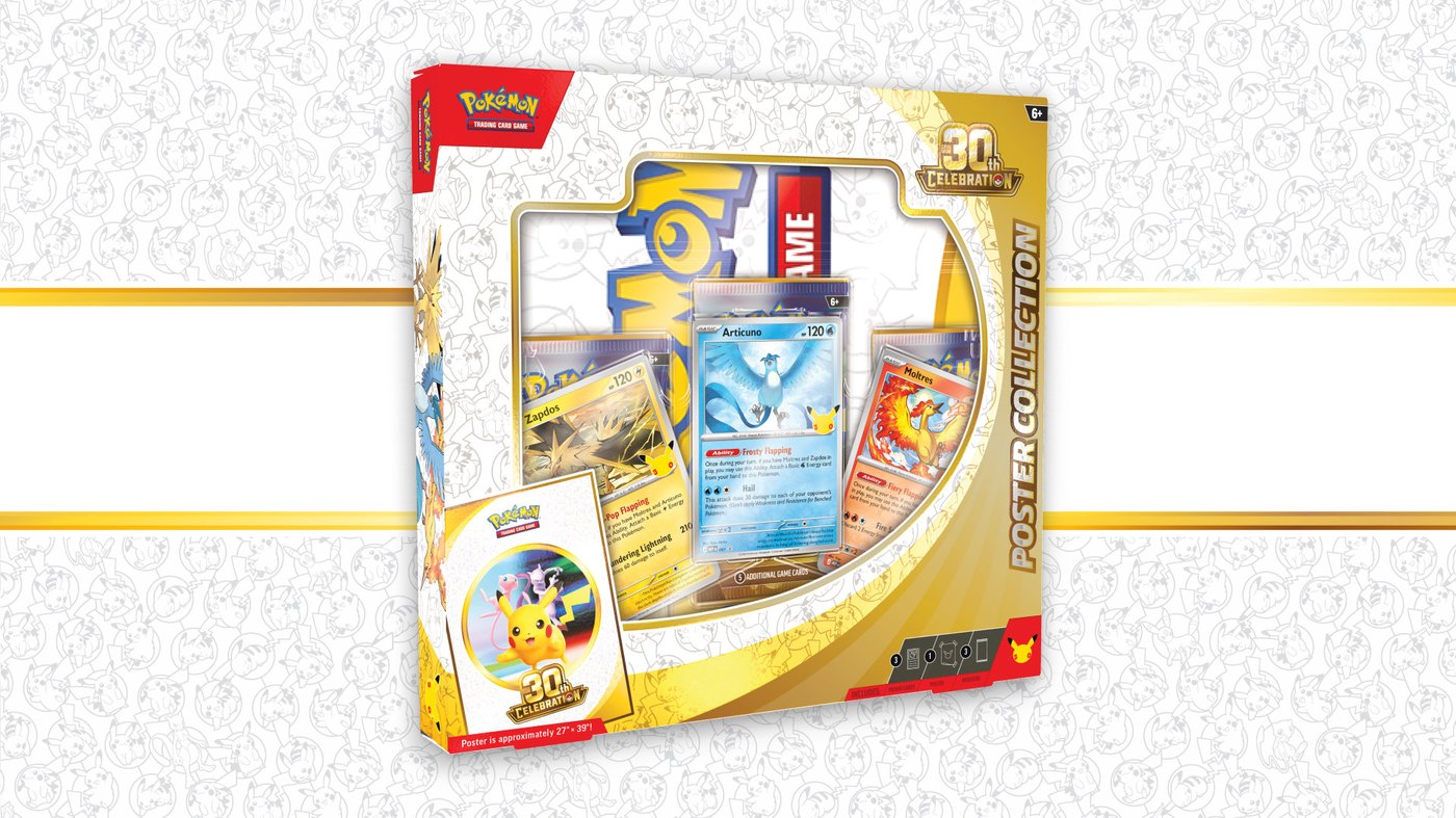 Pokemon TCG 30th Celebration Poster Collection box with Articuno, Zapdos and Moltres promos
