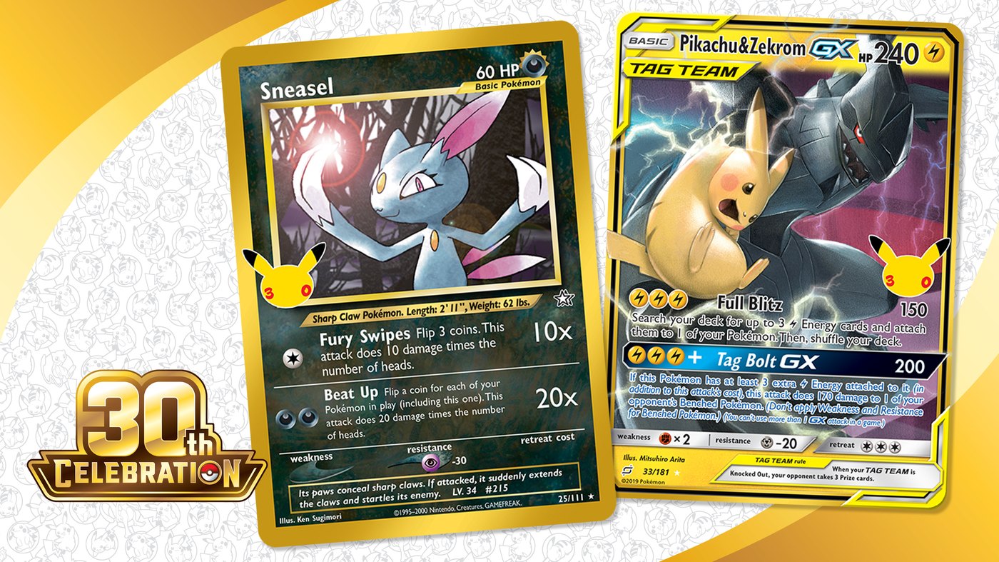 Sneasel and Pikachu and Zekrom GX cards with the 30th Celebration stamp