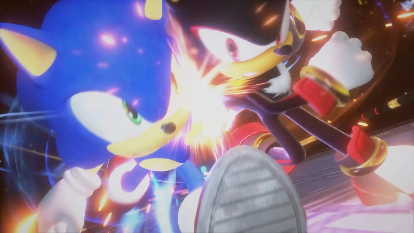 Sonic and Shadow fighting a boss in Sonic X Shadow Generations