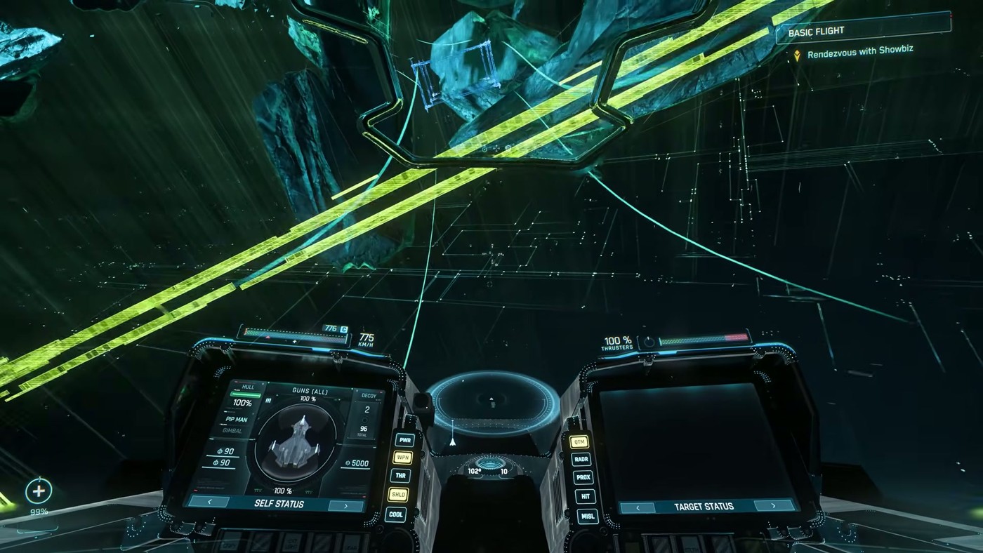 First-person cockpit view with a targeting HUD locking onto enemy ships during a space battle