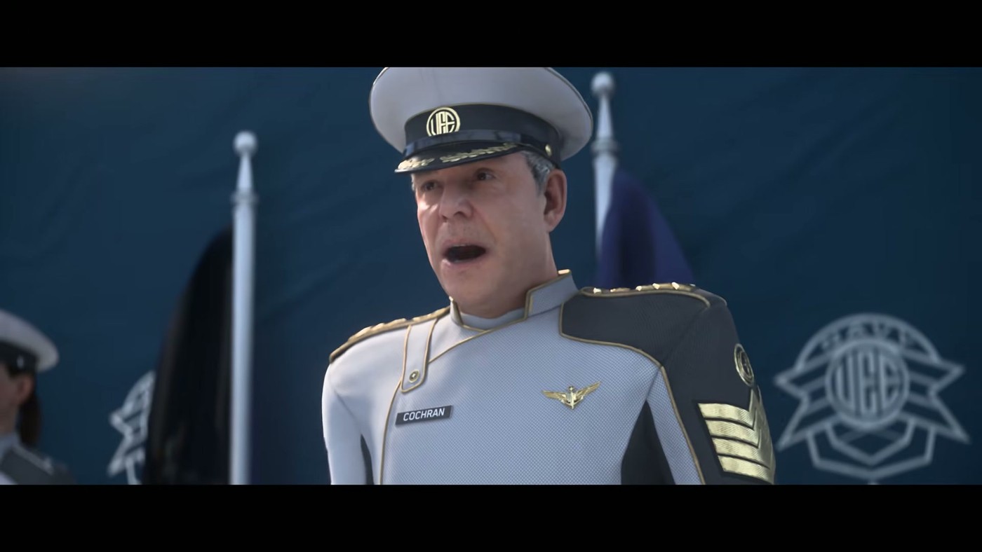 A young officer in a white dress uniform saluting at a UEE Navy commissioning ceremony