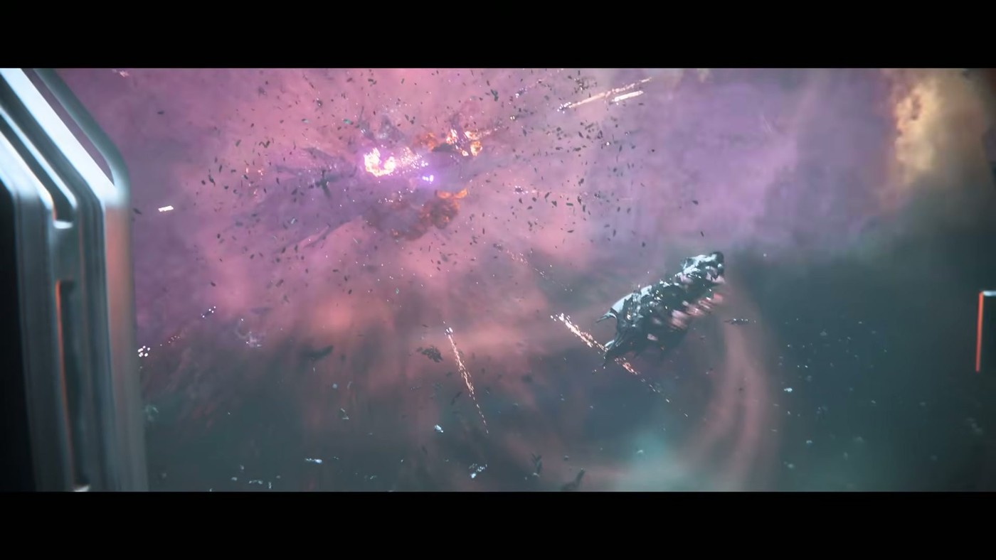 Ships exploding during a space battle against a purple nebula backdrop
