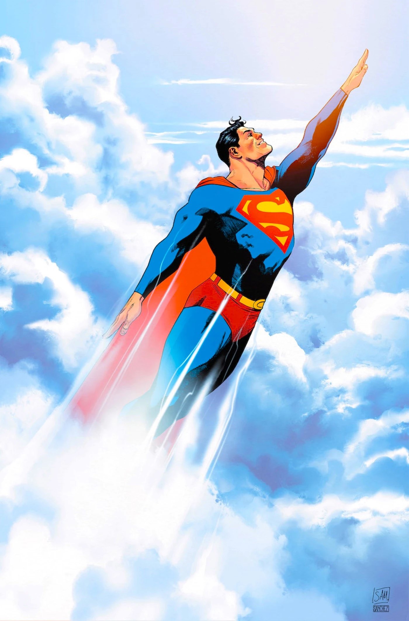 Superman flying through clouds, DC Comics art