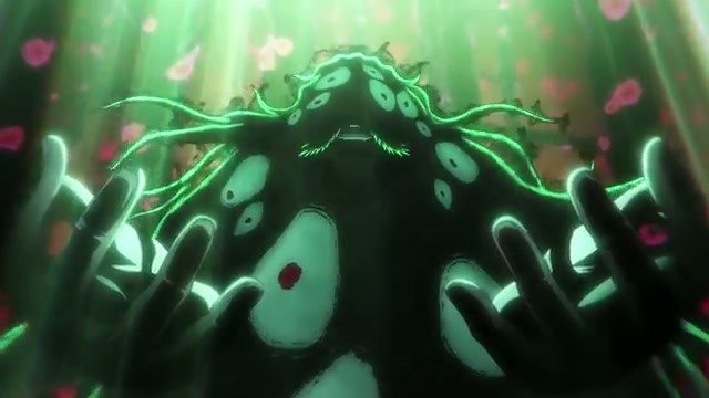 A dark shape covered in glowing green cracks, with clawed arms raised