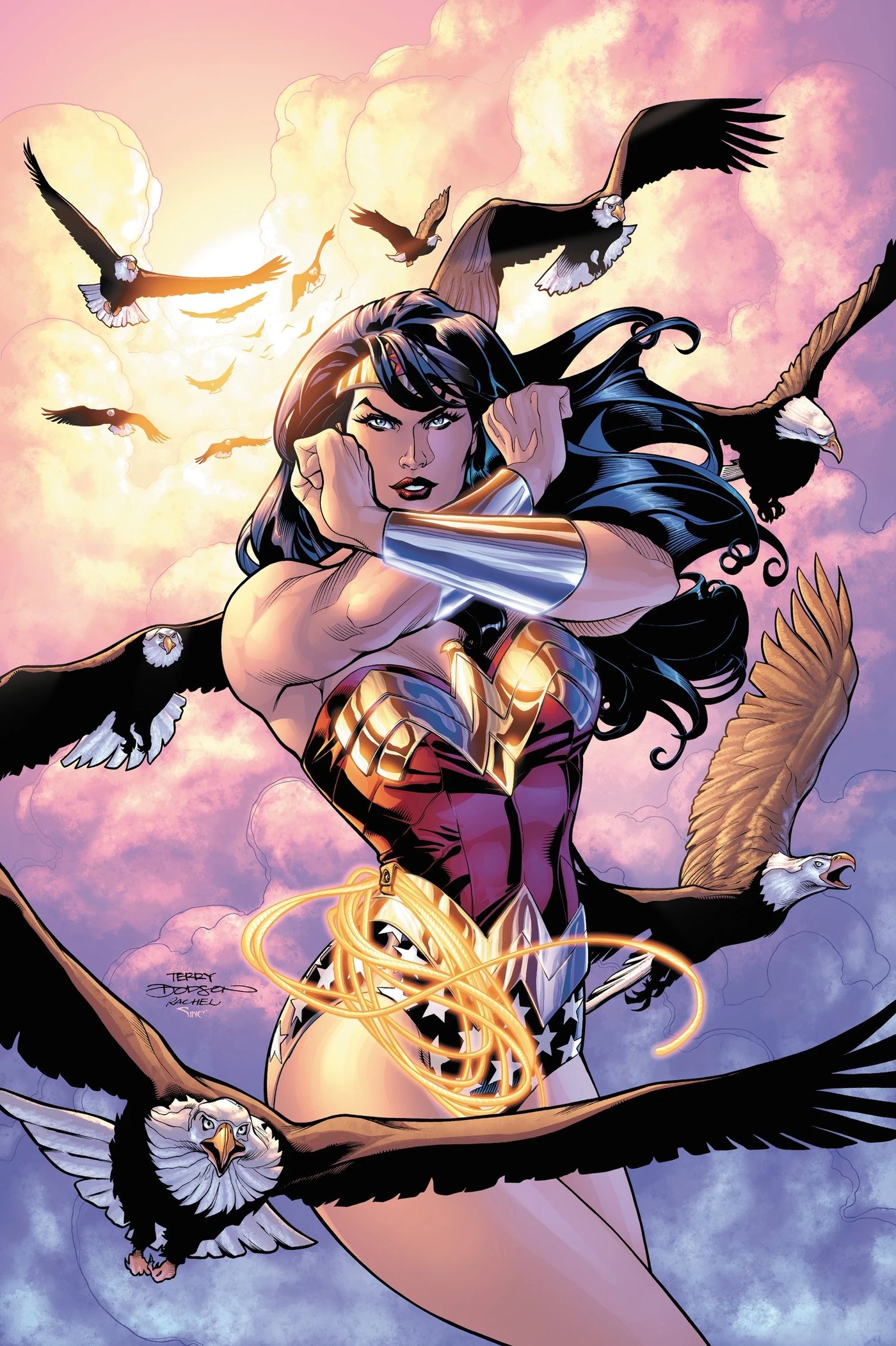 Wonder Woman flying with eagles overhead